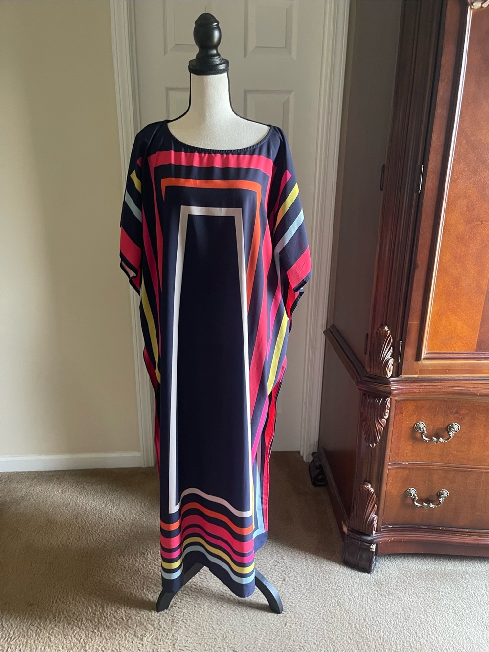 Striped Multicolor Kaftan Dress - Navy with Red & Orange Accents